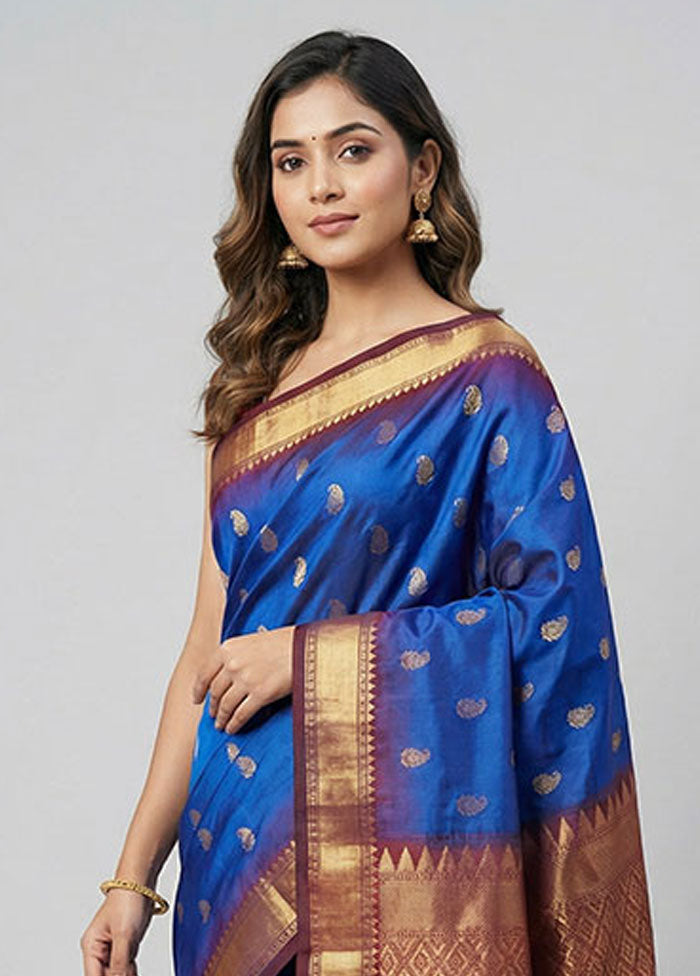 Blue Handloom Kanjivaram Pure Silk Saree With Blouse Piece