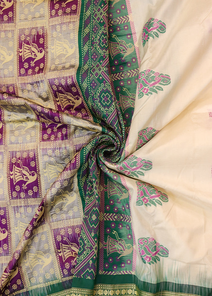 Cream Handloom Bomkai Pure Silk Saree With Blouse Piece