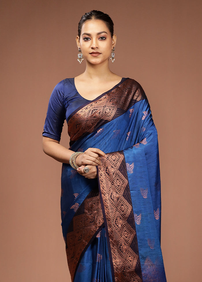 Blue Dupion Silk Saree With Blouse Piece