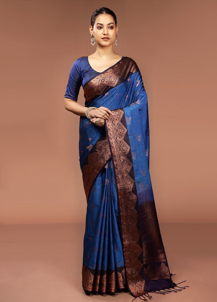 Blue Dupion Silk Saree With Blouse Piece