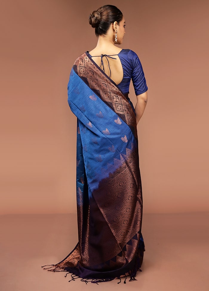 Blue Dupion Silk Saree With Blouse Piece