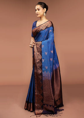 Blue Dupion Silk Saree With Blouse Piece