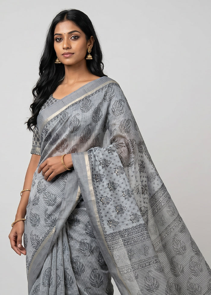 Grey Cotton Saree With Blouse Piece