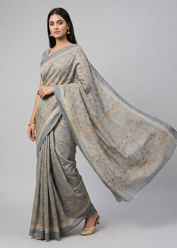 Grey Cotton Saree With Blouse Piece