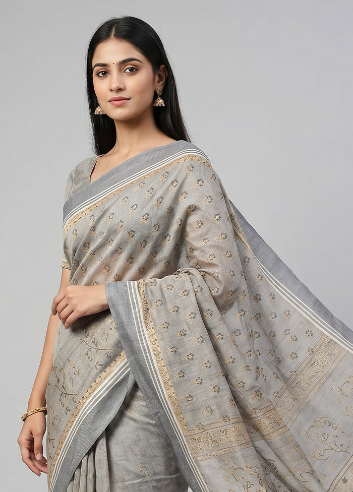 Grey Cotton Saree With Blouse Piece