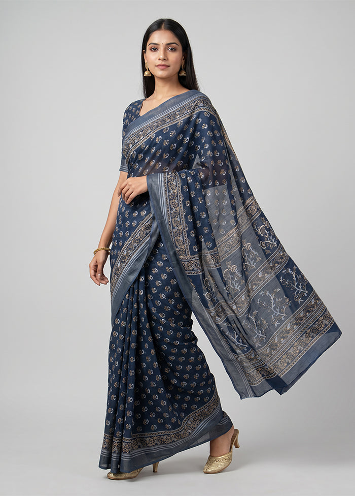 Blue Cotton Saree With Blouse Piece