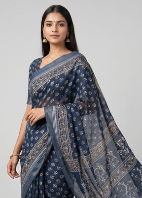 Blue Cotton Saree With Blouse Piece