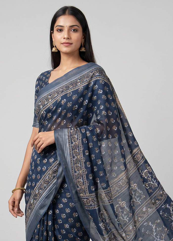 Blue Cotton Saree With Blouse Piece