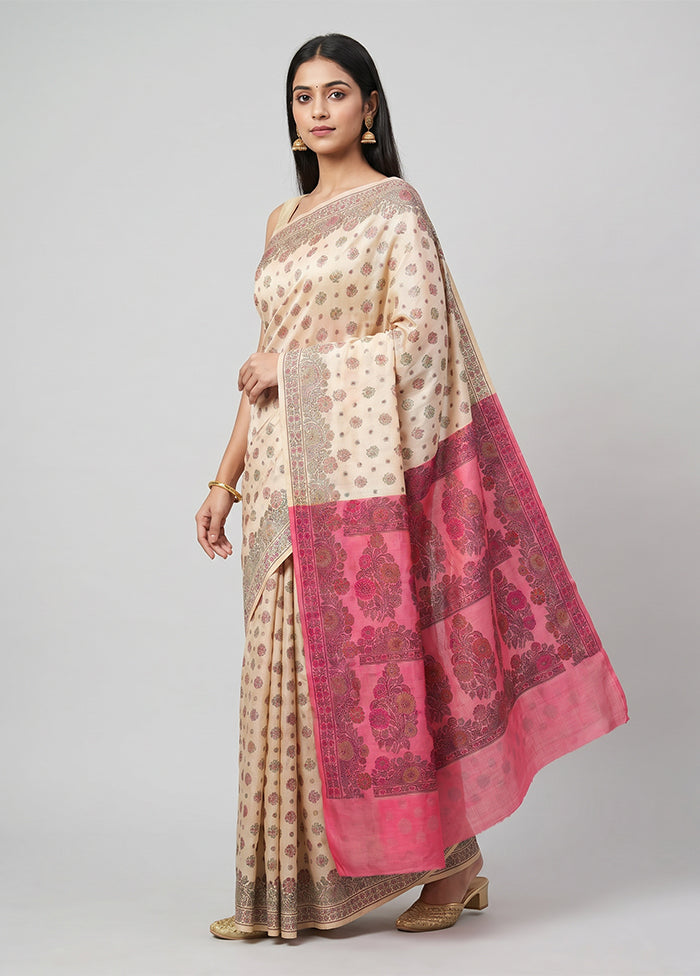 Cream Dupion Silk Saree With Blouse Piece