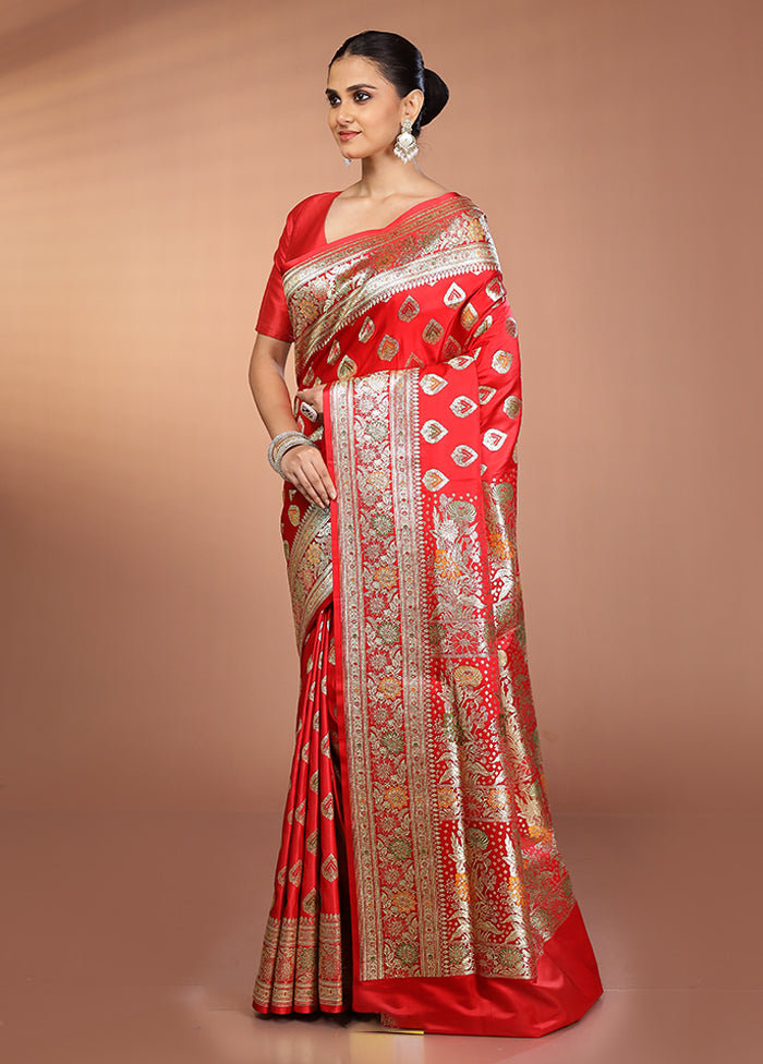 Red Banarasi Silk Saree With Blouse Piece