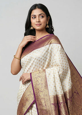 Cream Banarasi Silk Saree With Blouse Piece