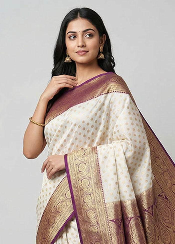 Cream Banarasi Silk Saree With Blouse Piece
