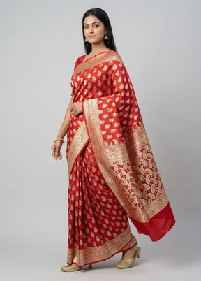 Red Handloom Banarasi Pure Silk Saree With Blouse Piece