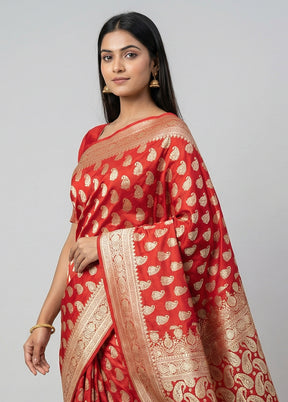 Red Handloom Banarasi Pure Silk Saree With Blouse Piece