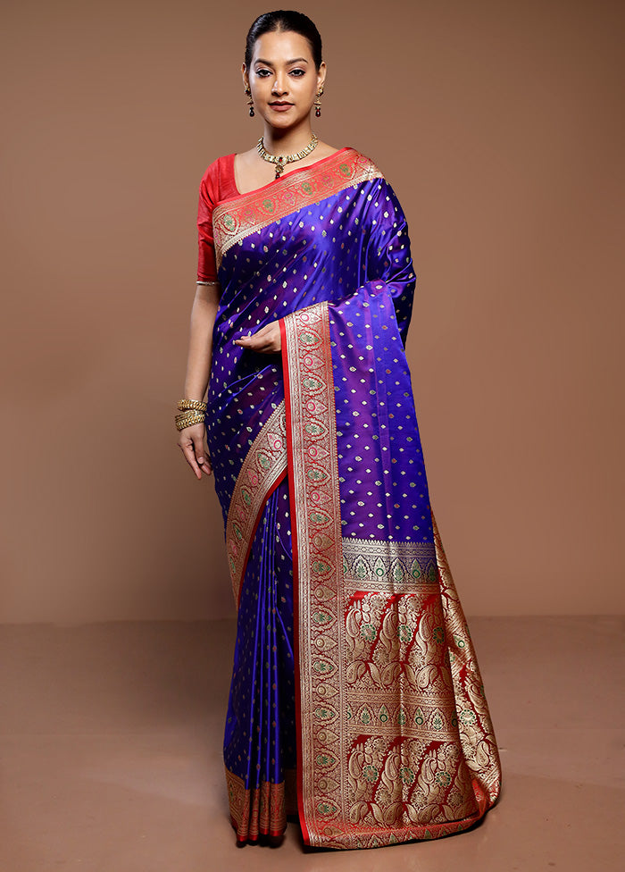 Violet Handloom Banarasi Pure Silk Saree With Blouse Piece