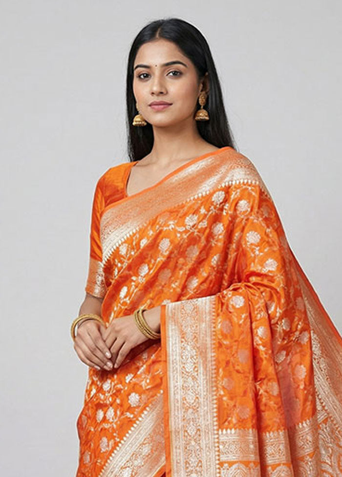 Orange Handloom Tanchoi Pure Silk Saree With Blouse Piece