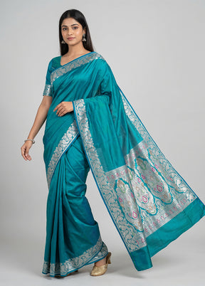 Blue Handloom Banarasi Pure Silk Saree With Blouse Piece