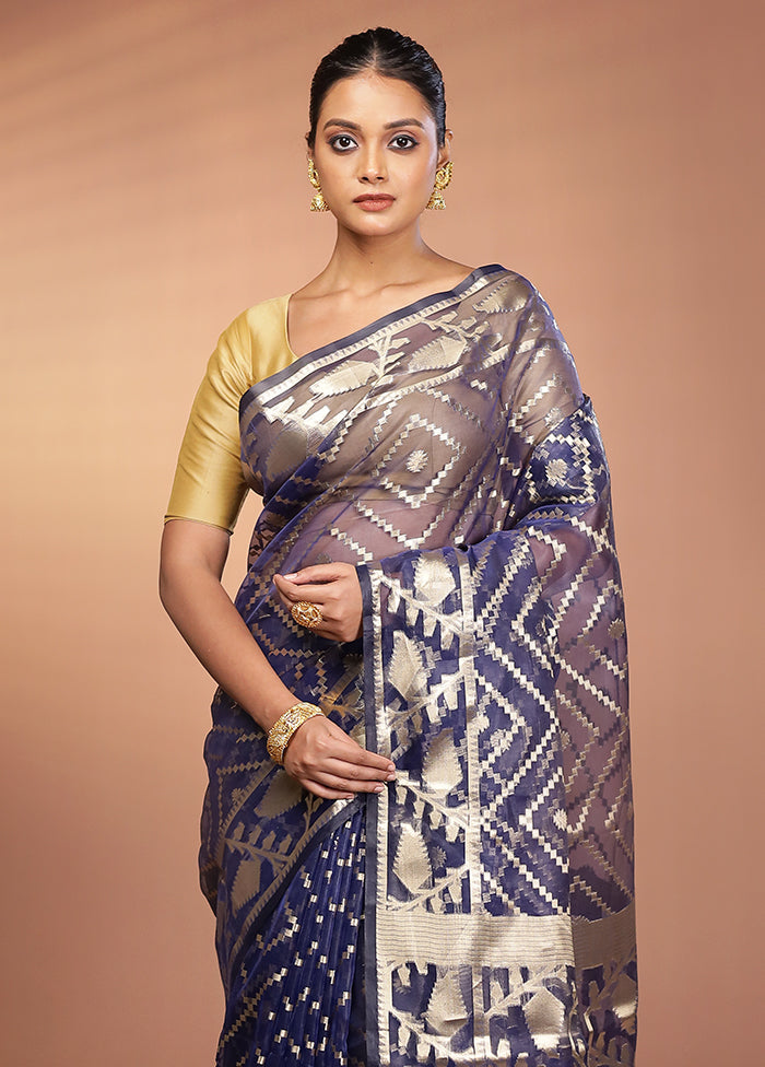 Blue Organza Saree With Blouse Piece
