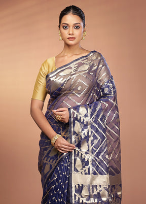 Blue Organza Saree With Blouse Piece