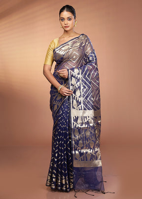 Blue Organza Saree With Blouse Piece