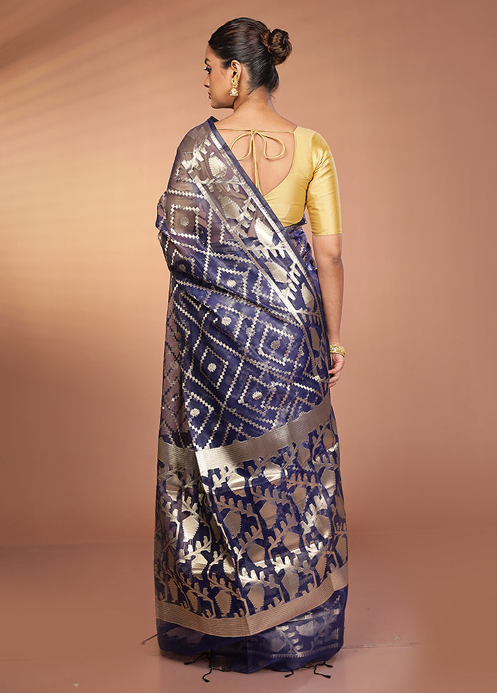 Blue Organza Saree With Blouse Piece