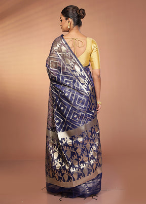 Blue Organza Saree With Blouse Piece