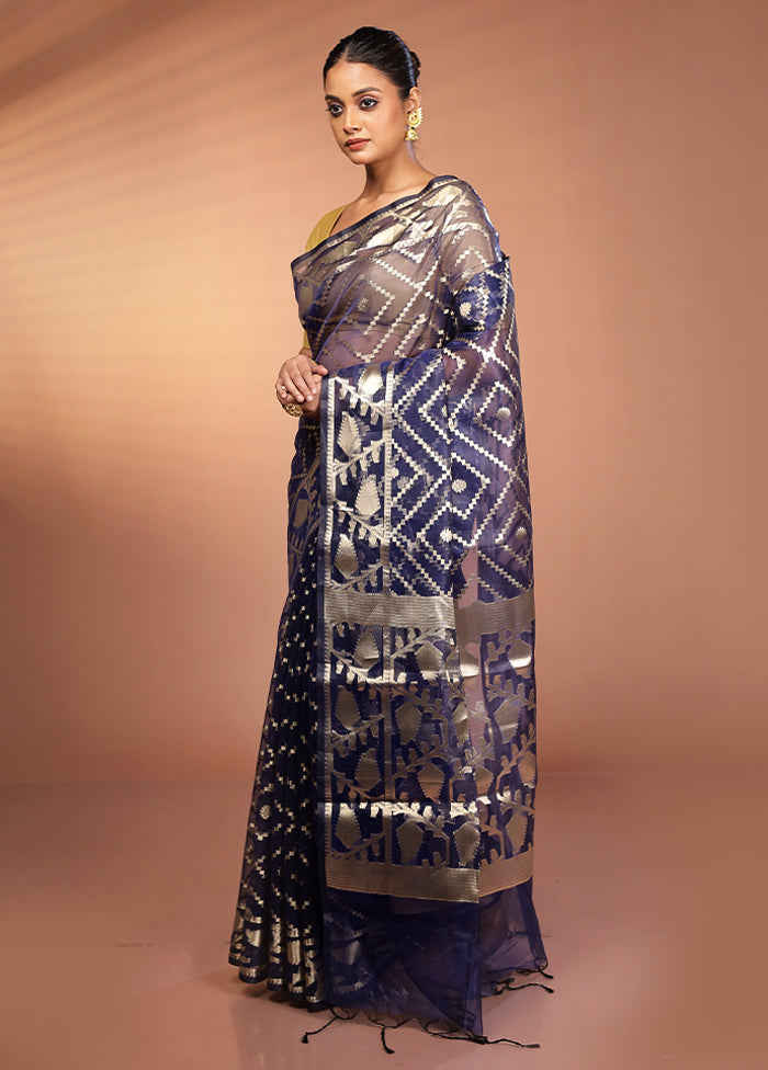 Blue Organza Saree With Blouse Piece