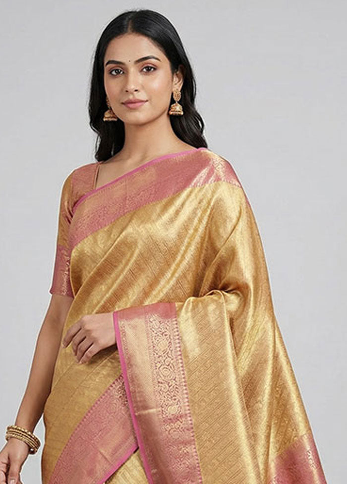 Pink Handloom Kanchipuram Pure Silk Saree With Blouse Piece