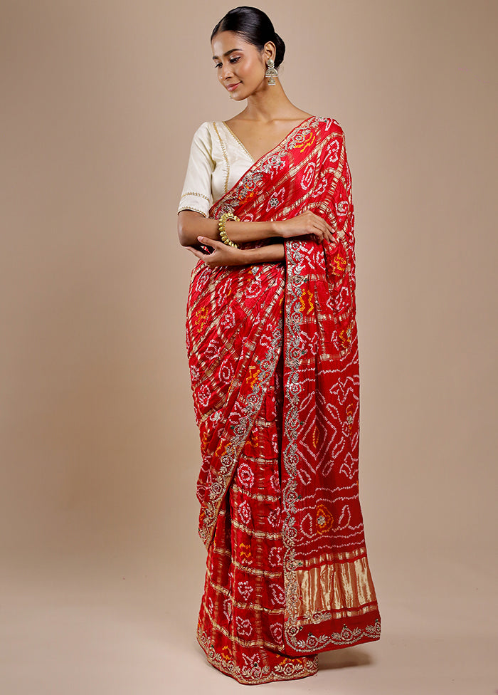 Red Bandhej Pure Silk Saree Without Blouse Piece