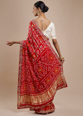 Red Bandhej Pure Silk Saree Without Blouse Piece