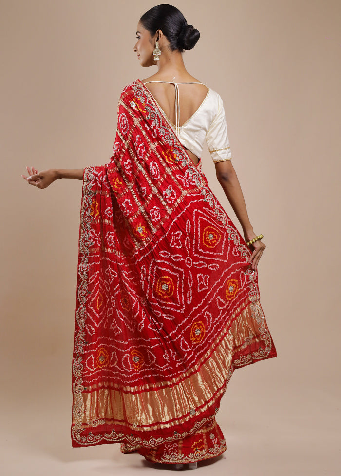 Red Bandhej Pure Silk Saree Without Blouse Piece