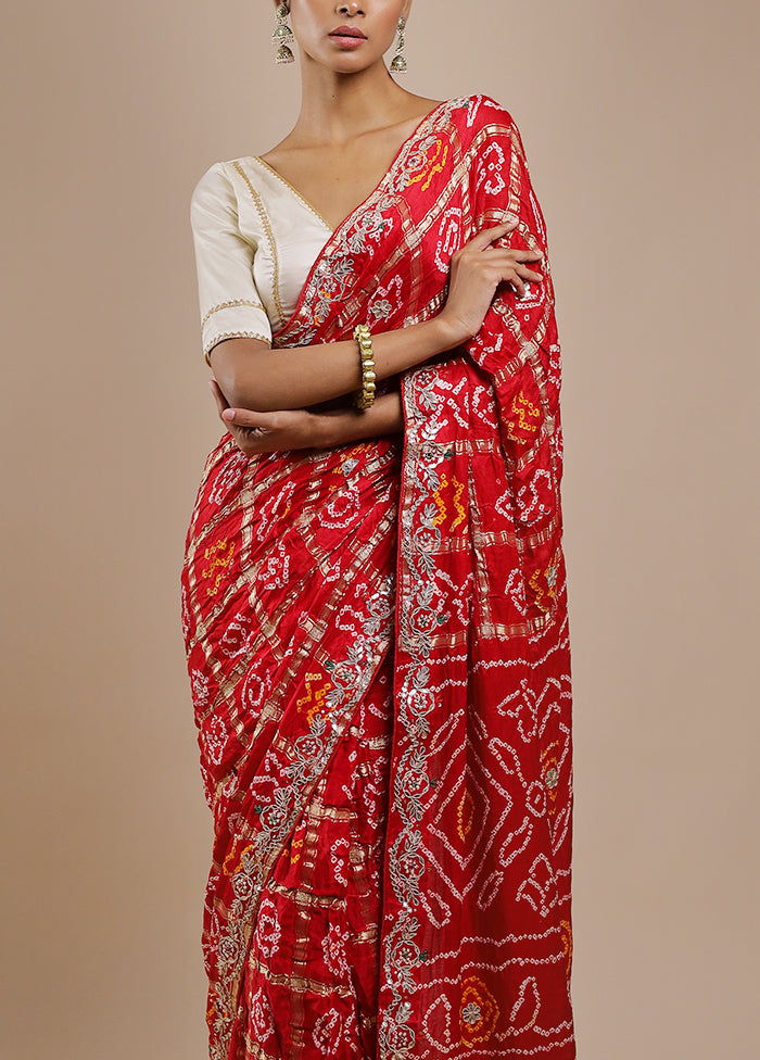 Red Bandhej Pure Silk Saree Without Blouse Piece