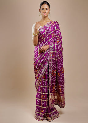 Purple Bandhej Pure Silk Saree Without Blouse Piece