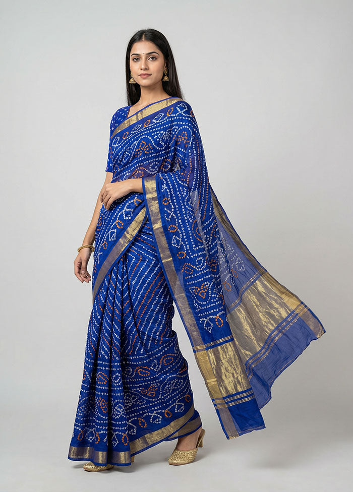 Blue Bandhej Silk Saree With Blouse Piece