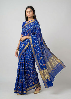 Blue Bandhej Silk Saree With Blouse Piece