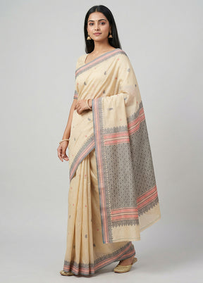Cream Handloom Kanjivaram Pure Silk Saree With Blouse Piece