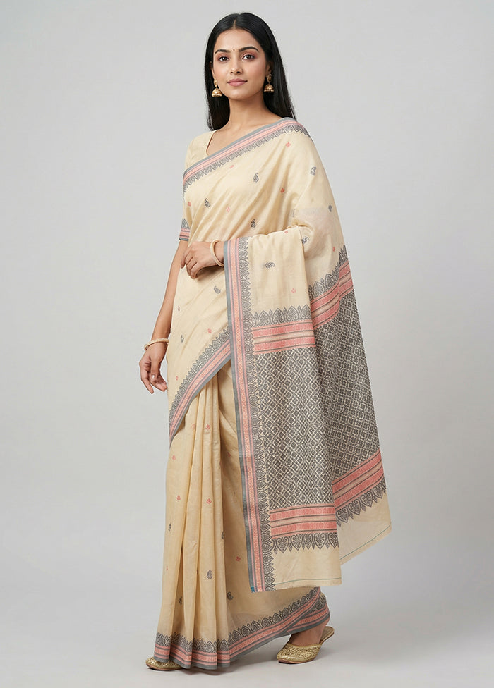 Cream Handloom Kanjivaram Pure Silk Saree With Blouse Piece
