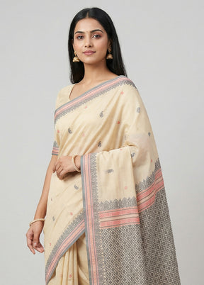 Cream Handloom Kanjivaram Pure Silk Saree With Blouse Piece
