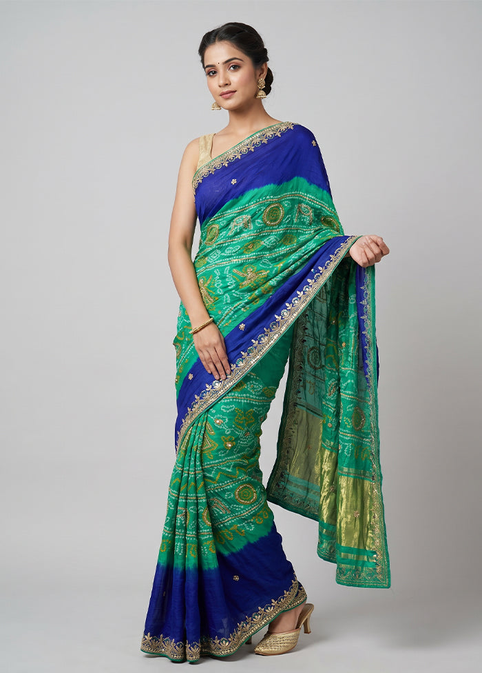 Green Bandhej Silk  Saree With Blouse Piece