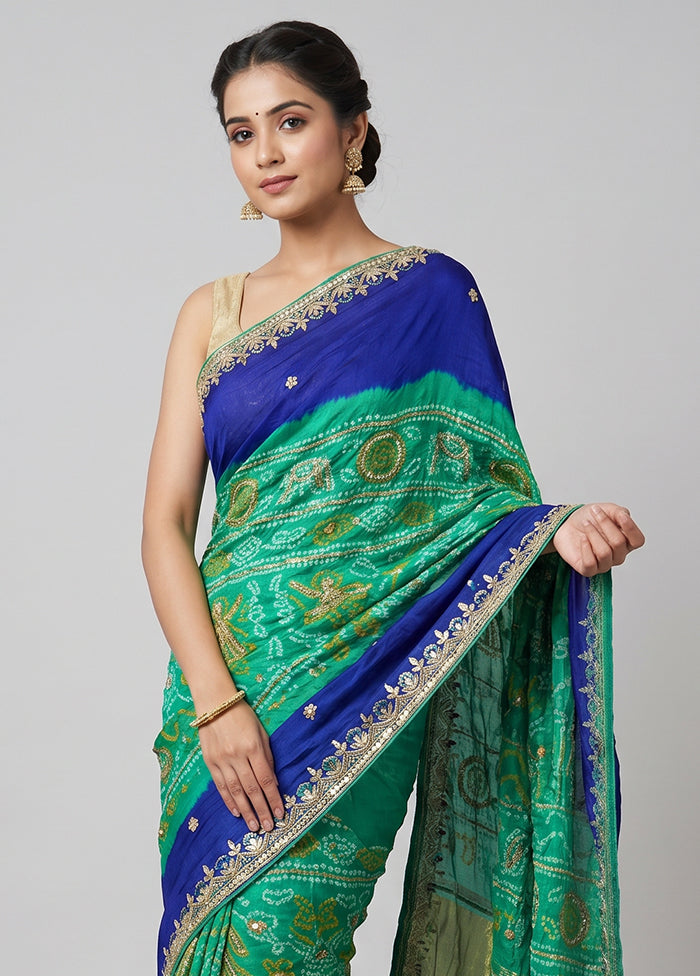 Green Bandhej Silk  Saree With Blouse Piece