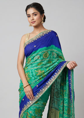 Green Bandhej Silk  Saree With Blouse Piece