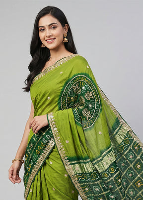Green Bandhej Silk Saree With Blouse Piece