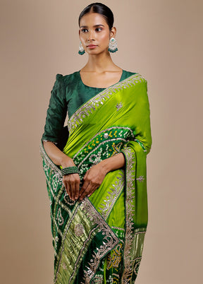 Green Bandhej Pure Silk Saree Without Blouse Piece