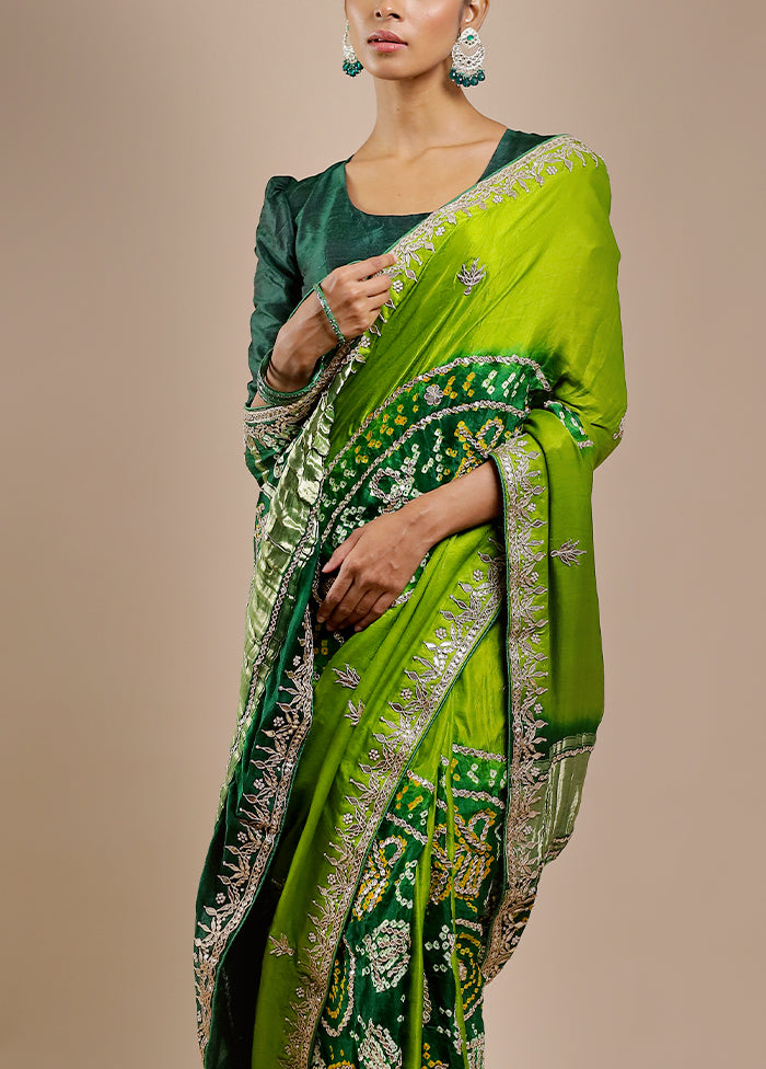 Green Bandhej Pure Silk Saree Without Blouse Piece