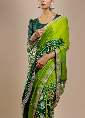 Green Bandhej Pure Silk Saree Without Blouse Piece