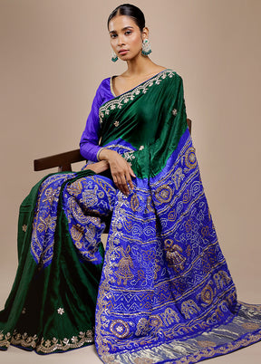 Green Bandhej Pure Silk Saree Without Blouse Piece