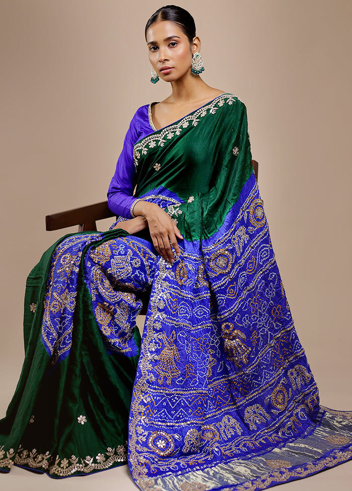 Green Bandhej Pure Silk Saree Without Blouse Piece