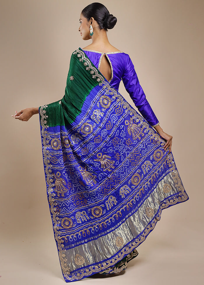 Green Bandhej Pure Silk Saree Without Blouse Piece