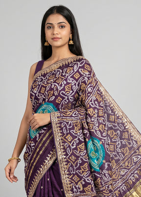 Purple Bandhej Silk  Saree With Blouse Piece