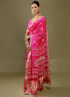 Pink Bandhej Pure Silk Saree Without Blouse Piece
